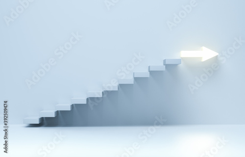 Stairs going upward, ascending stairs of rising staircase to arrow.