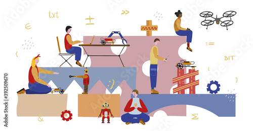 Robotics engineering vector banner template. Children Education in the robotics school, rest in the camp. Class for study with innovation technology
