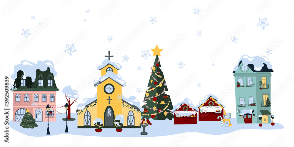 Collection of winter houses and church. Frozen urban architecture with snow caps on roofs and cosy view in windows. Christmas tree, street treats and glittering lights create magical atmosphere.