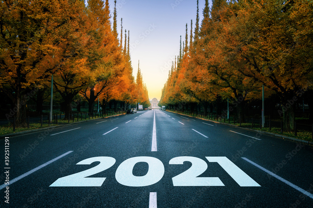 Foto Stock 2021 New Year road trip travel and future vision concept .  Nature landscape with highway road leading forward to happy new year  celebration in the beginning of 2021 for fresh