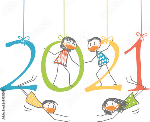 Characters with masks on the figures of the new year2021 photo