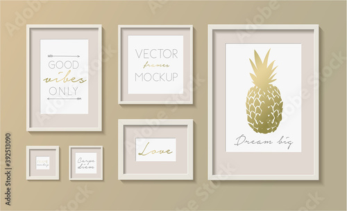 Set of art picture frames. Modern vector frames mockup. Picture frames template isolated on background. Golden pineapple and optimistic messages poster. Vector collection easy editable for You design.