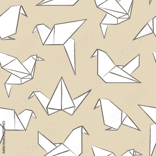 Origami paper birds pattern on beige background