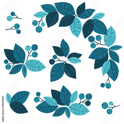Blue trends leaves and berries isolated elements on white background for design template. Hand-drawn vector illustrations for poster, card or background © Nataliia