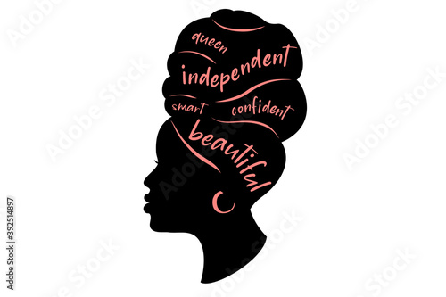 Black woman Silhouette. African American girl  in a head wrap and with an earring.  Beautiful girl profile. Decorated with hand written text.  Vector clipart