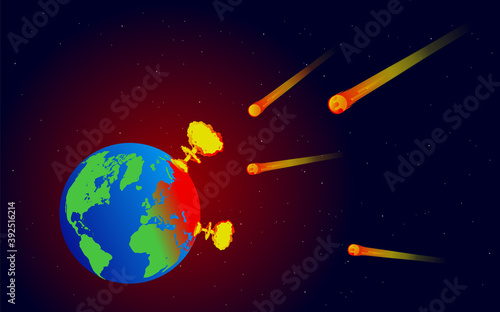 Armageddon the end of the world - Asteroids and comets crashing into earth. Global extinction concept. Vector illustration
