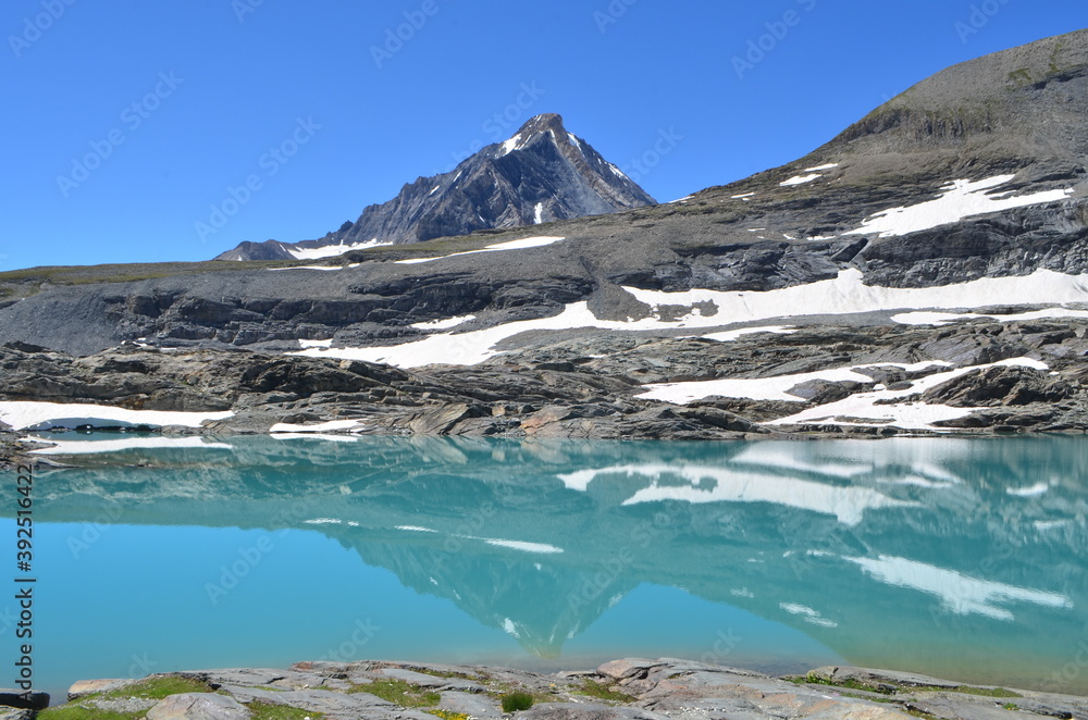 Obraz premium View of the Dent Parrachée mountain with the lac de l'Apont in the Vanoise National Park, France