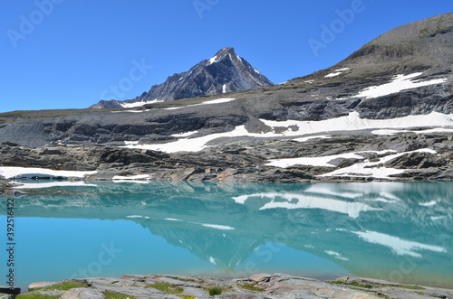 View of the Dent Parrachée mountain with the lac de l'Apont in the Vanoise National Park, France