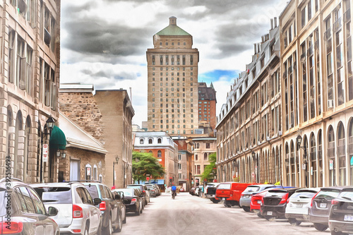 Street in old city colorful painting, Montreal, Quebec, Canada.