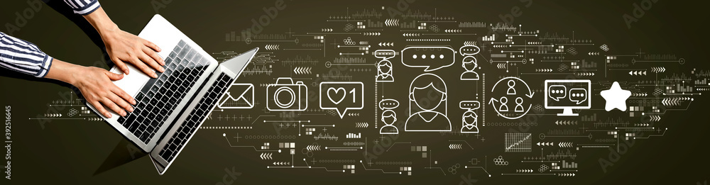Social media theme with person using a laptop computer Social media theme with person using a laptop computer