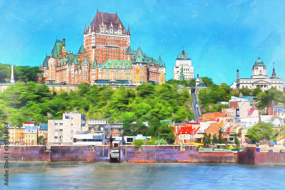 Cityscape from St. Lawrence river colorful painting, Quebec City, Quebec, Canada.