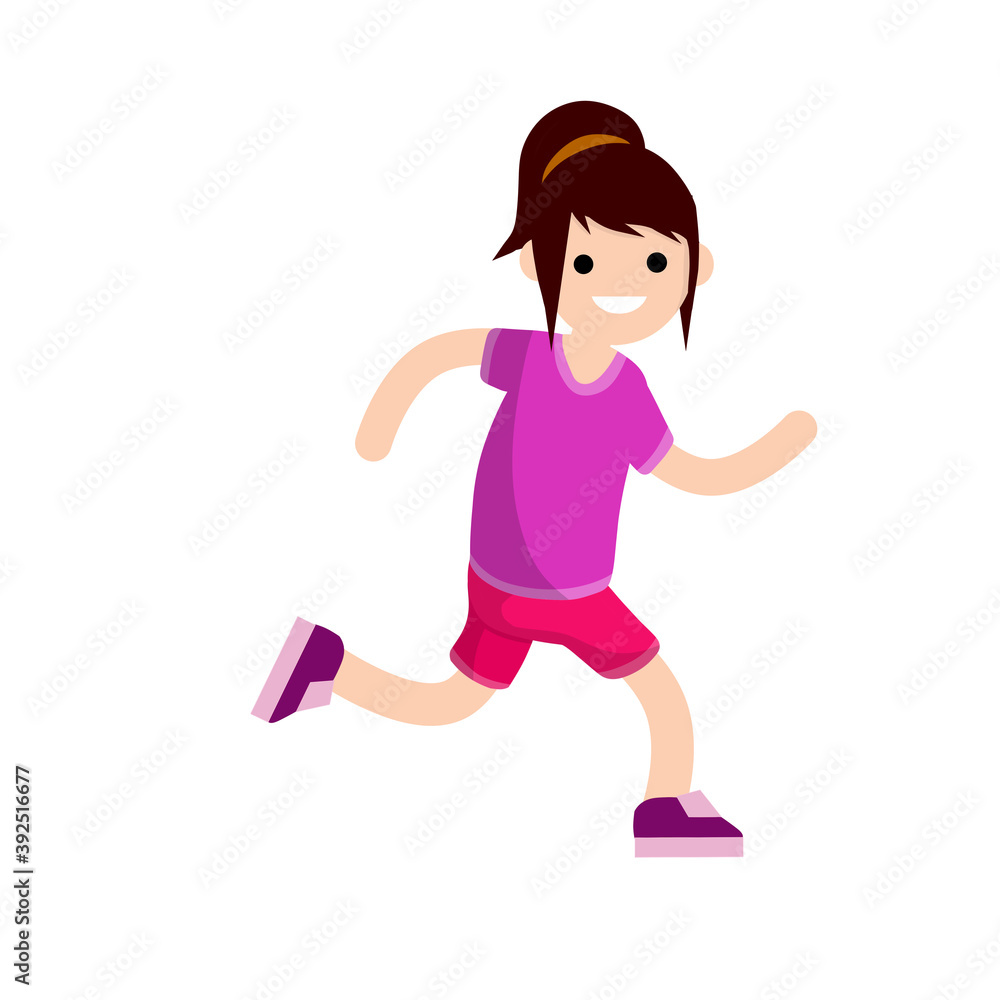 Young woman in Shorts and pink t-shirt. Running and sports. Movement and walking. Cartoon flat illustration. Active lifestyle Young woman in Shorts and pink t-shirt. Running and sports. Movement and walking. Cartoon flat illustration. Active lifestyle