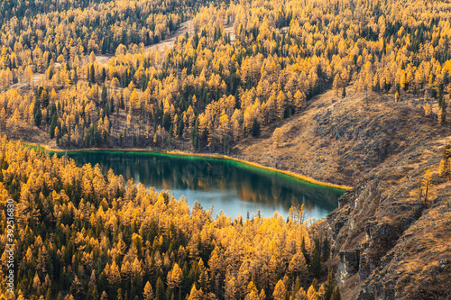 Top view of lake Uchkel in the Ulagan plateau at autumn, Altai Republic, Russia
