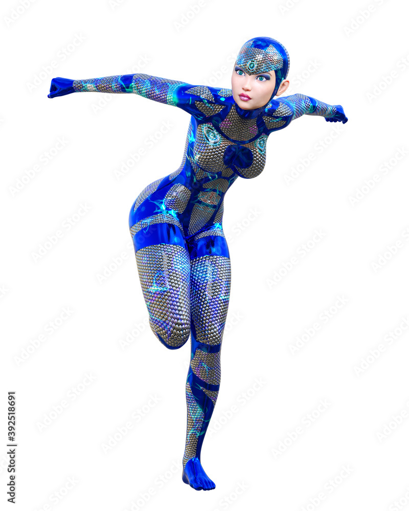 Cyborg Woman futuristic metallic neon suit. Cyborg Woman futuristic metallic neon suit.