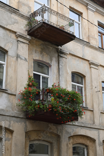 Balcony with flowers in old building