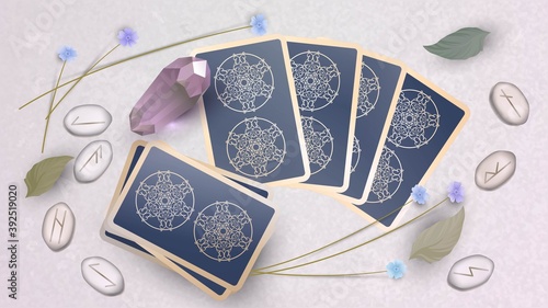 Vector illustration with tarot cards, runes and magic crystal. Witch or fortune teller table