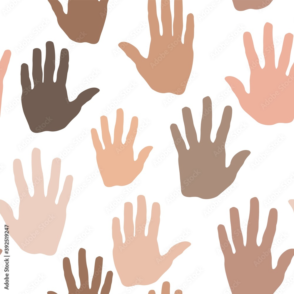 Seamless pattern with multiethnic palms on a white background, human handprints Seamless pattern with multiethnic palms on a white background, human handprints