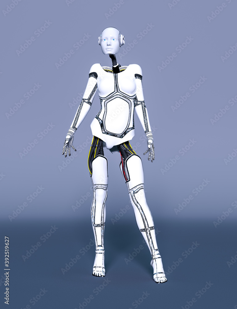 Robot woman. White metal droid. Artificial Intelligence.