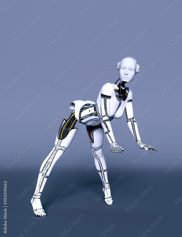 Robot woman. White metal droid. Artificial Intelligence. Robot woman. White metal droid. Artificial Intelligence.