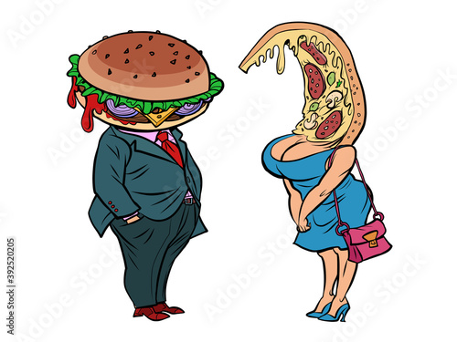 Two characters Burger and pizza meet and talk