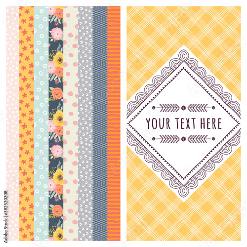 Set of postcard templates or banners with patchwork background