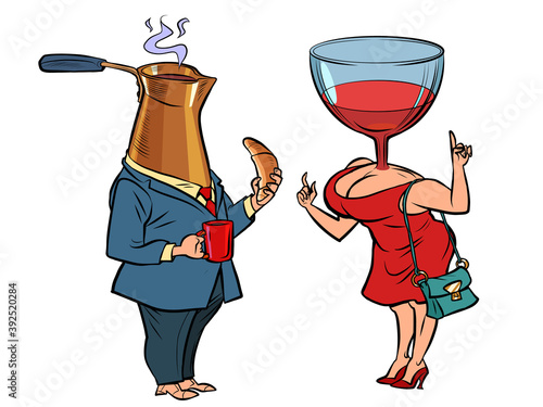 Concept meeting for Breakfast and dinner, coffee with croissant and wine.