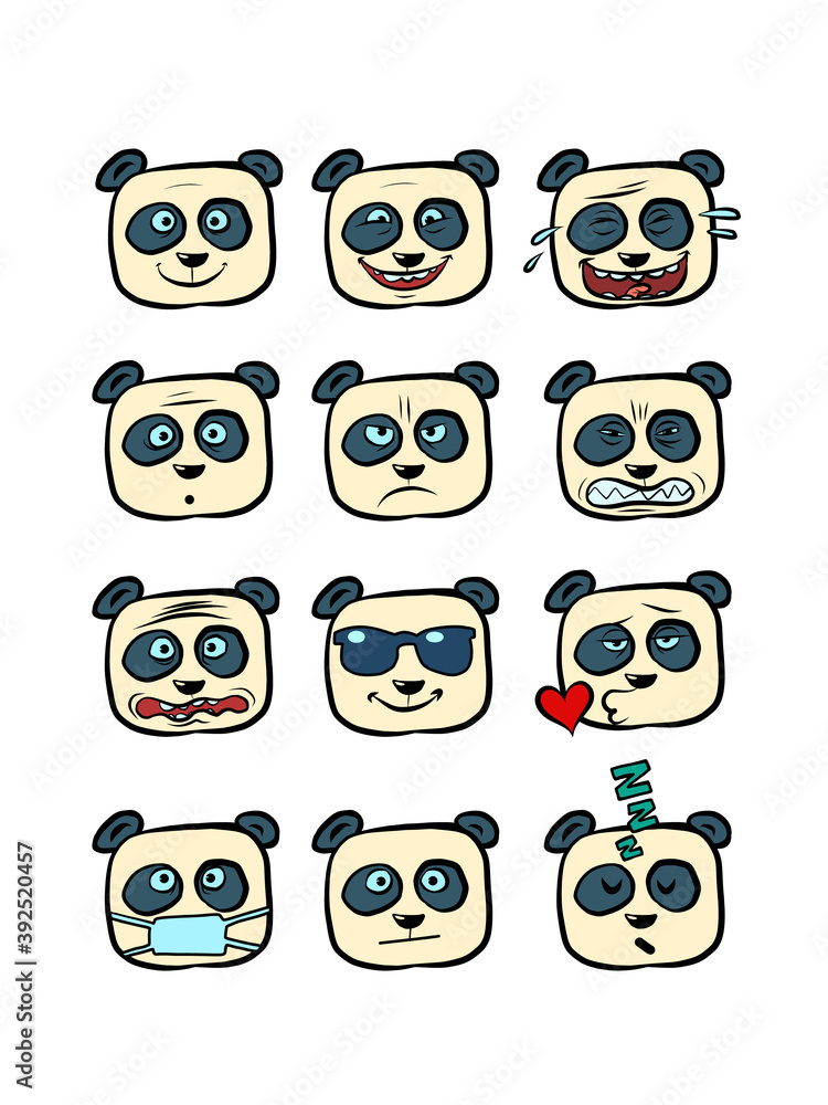 Panda Emoji faces with different emotions collection set character, cute animal Panda Emoji faces with different emotions collection set character, cute animal