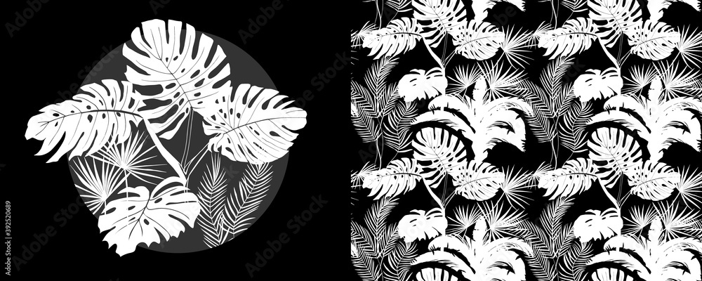 Naklejka set of black and white monstera flower in a circle and seamless pattern with tropical plants and monstera leaves for surface design and postcards and wallpapers