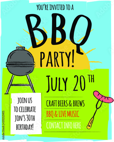 Barbecue party invitation design template for summer celebrations. Easy to edit vector design template.