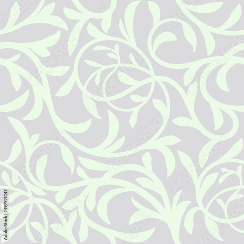 Floral Seamless Pattern Background. Intertwined twigs tree Liana with leaves For Christmas and wedding Invitation cards decoration. Monochrome grey and white pattern.