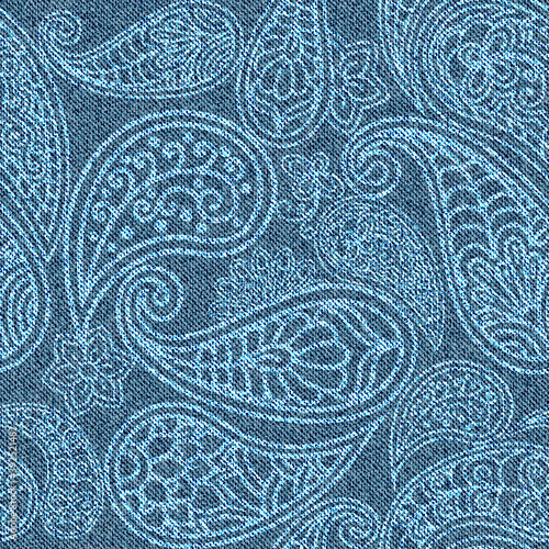 Denim seamless pattern with Indian ornament. Turkish cucumber on blue jeans background.