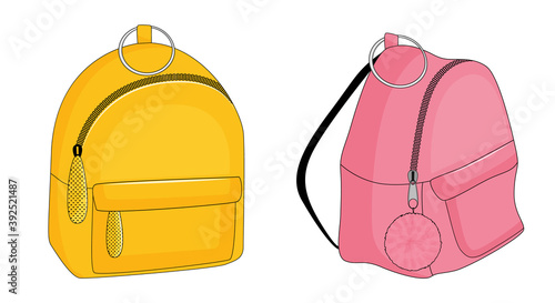 Set of backpacks, yellow and pink isolated on white background. Vector illustration.