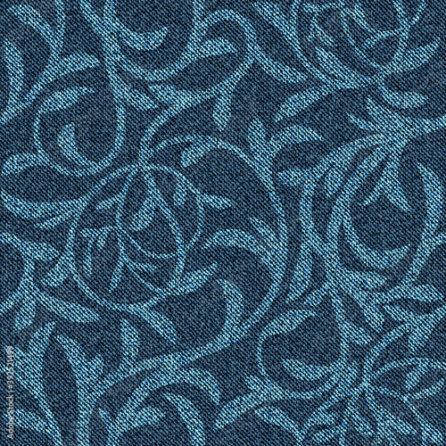 Denim seamless pattern with floral ornament. Intertwined twigs with leaves on blue jeans background. photo