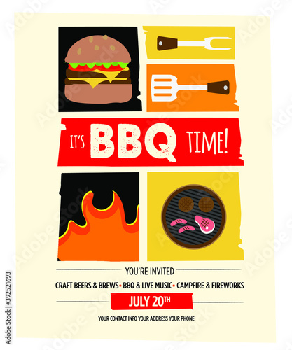 Barbecue party invitation design template for summer celebrations. Easy to edit vector design template.