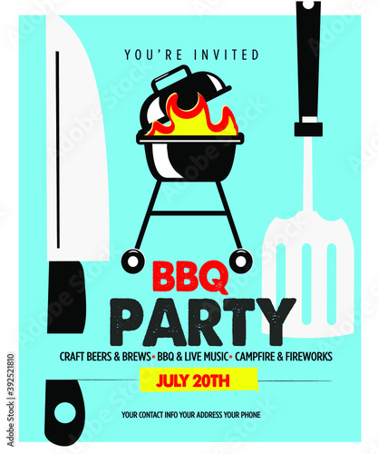 Barbecue party invitation design template for summer celebrations. Easy to edit vector design template.