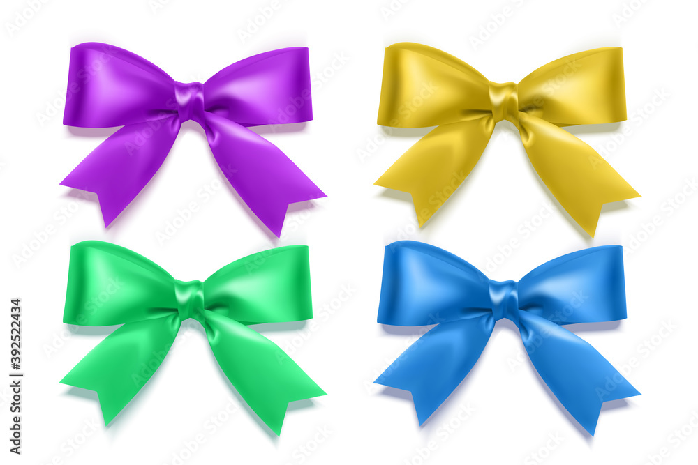 Set of realistic bows of purple, blue, yellow and green colors for decoration of postcards, holiday boxes, etc., bows for decoration on a white background, vector illustration Set of realistic bows of purple, blue, yellow and green colors for decoration of postcards, holiday boxes, etc., bows for decoration on a white background, vector illustration