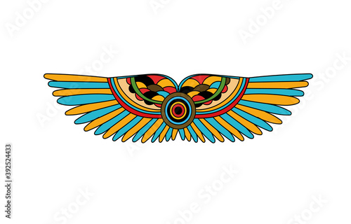 Art tattoo picture of wings. Colorful tattoo. Ancient Egypt mythology. Ancient civilization art design. Cartoon vector illustration