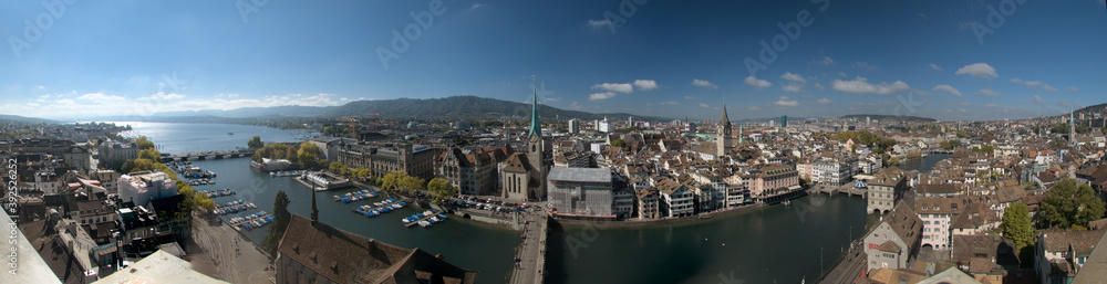 View of Zürich from the Great Minster on a sunny Autumn day
