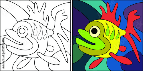 Vector drawing of decorative fish. Linear  contour image for coloring and a sample in color. A book for children s creativity.