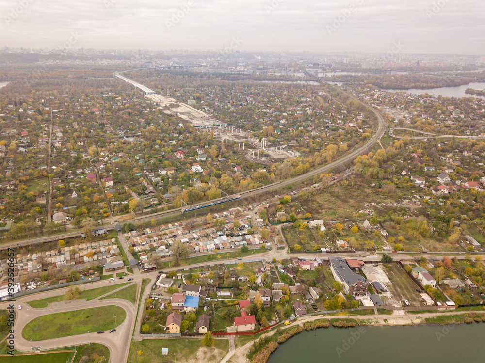 Aerial drone view. City lake near the private sector. Aerial drone view. City lake near the private sector.