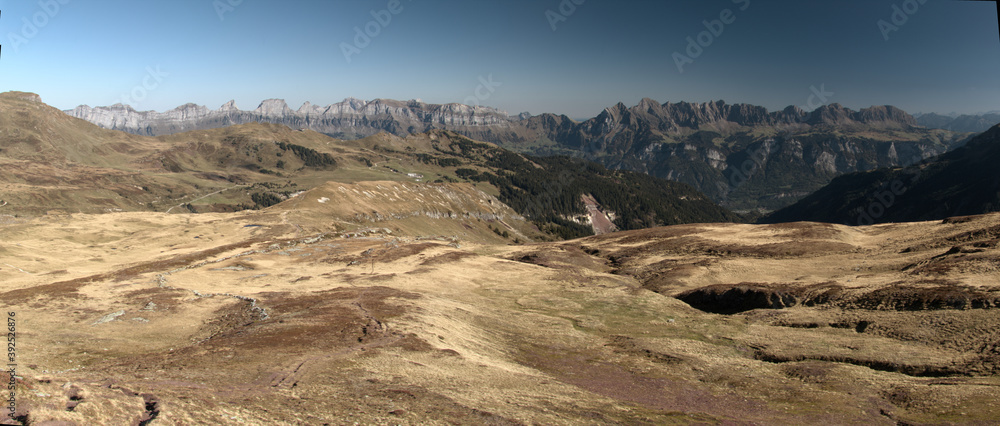 View from Maschgenkamm towards the Churfirsten, Flumserberg in the Swiss Alps