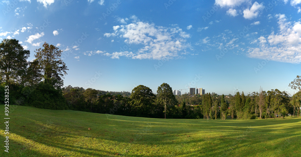 Fototapeta premium Beautiful panoramic view of a park with green grass and tall trees and deep blue sky with light clouds in the background, Heritage park, Castle Hill, Sydney, New South Wales, Australia 