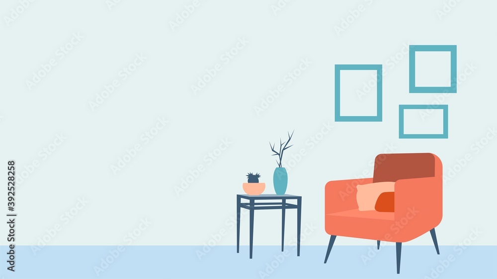 Fototapeta premium Minimalistic living room interior illustration. Armchair with cushions and coffee table