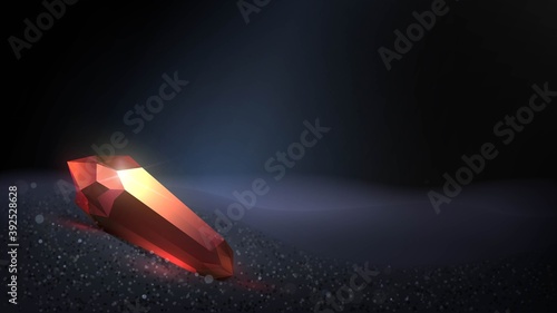 Red magic crystal in a dark cave on black sand. Philosopher's stone or fantasy artifact