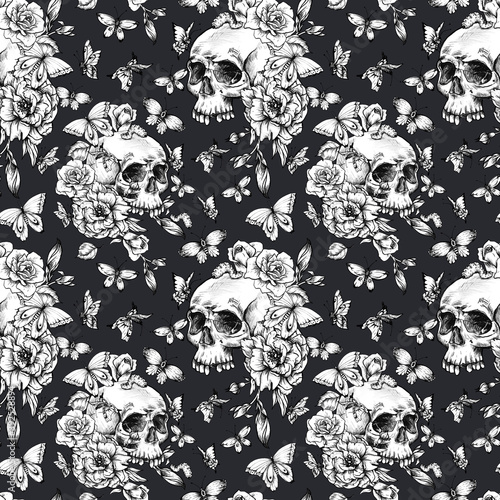 Vintage seamless pattern with goth skull, butterdlies and flowers