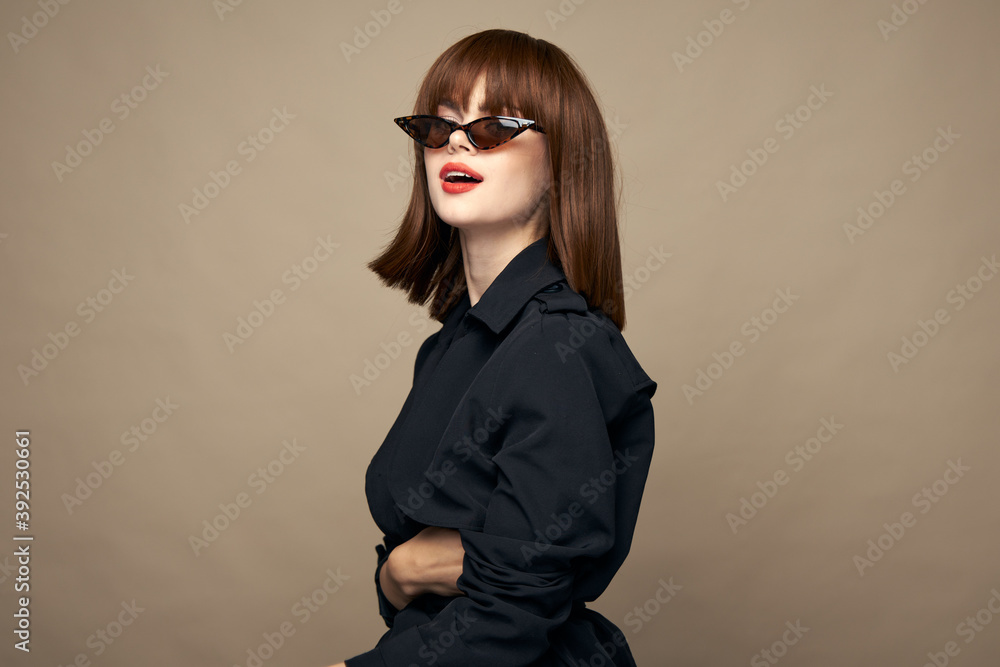 Elegant woman stylish clothes charming smile having fun studio Elegant woman stylish clothes charming smile having fun studio