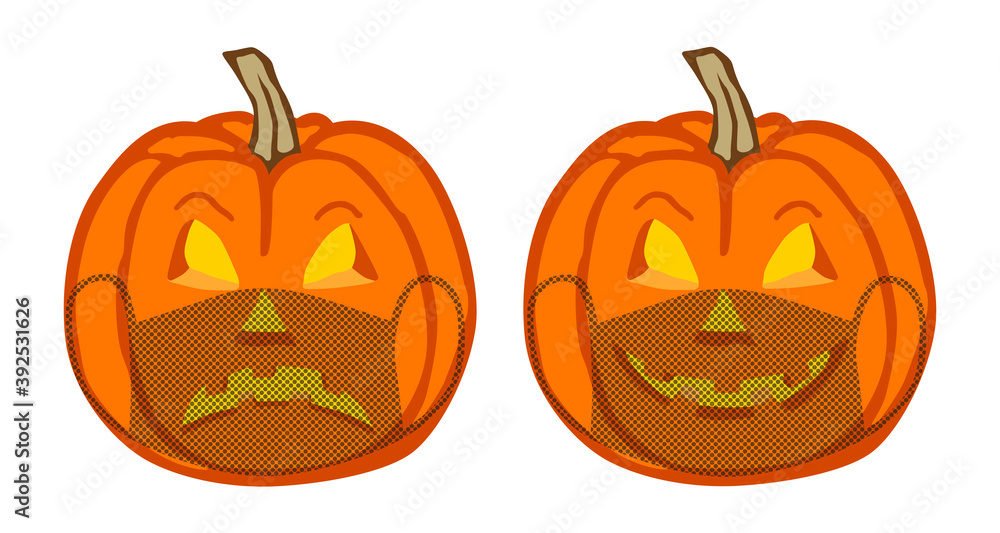 Sad and smiling Halloween pumpkins in protective face masks Sad and smiling Halloween pumpkins in protective face masks
