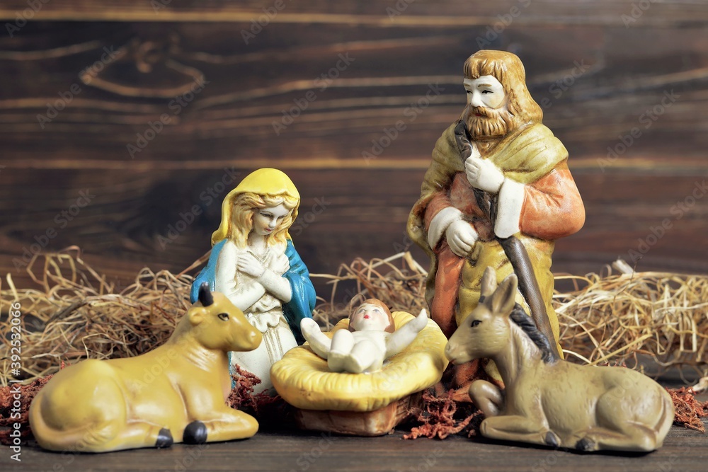 Nativity scene with holy family. Christmas nativity concept