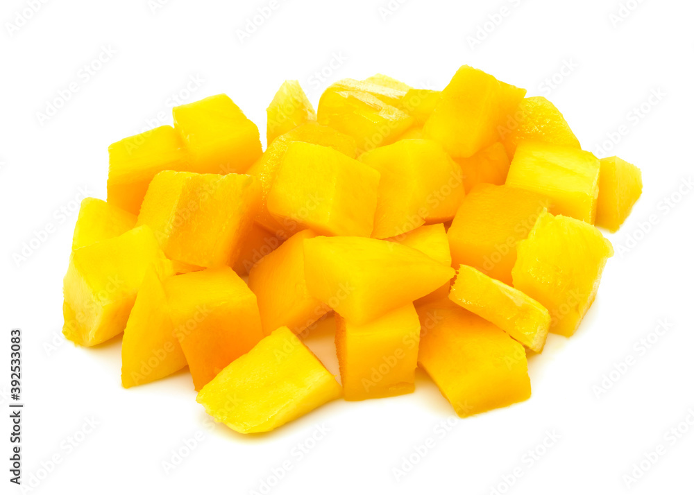Tropical sliced mango close-up, isolated on white. Vitamin rich healthy fruit food, nice yellow color, fresh ripe and ready to eat. Cool refreshing afternoon or evening snack or desert.