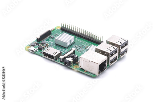 Raspberry pi board model 3B. Mini computer board, pcb printed circuit board for personal projects and industrial applications, mostly running the Linux operating system